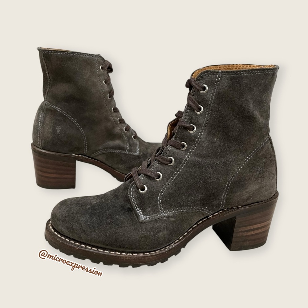 RARE Frye Sabrina 6G Olive Green-Grey Suede Lace Up Combat Block Heel Ankle Boot - Picture 15 of 15
